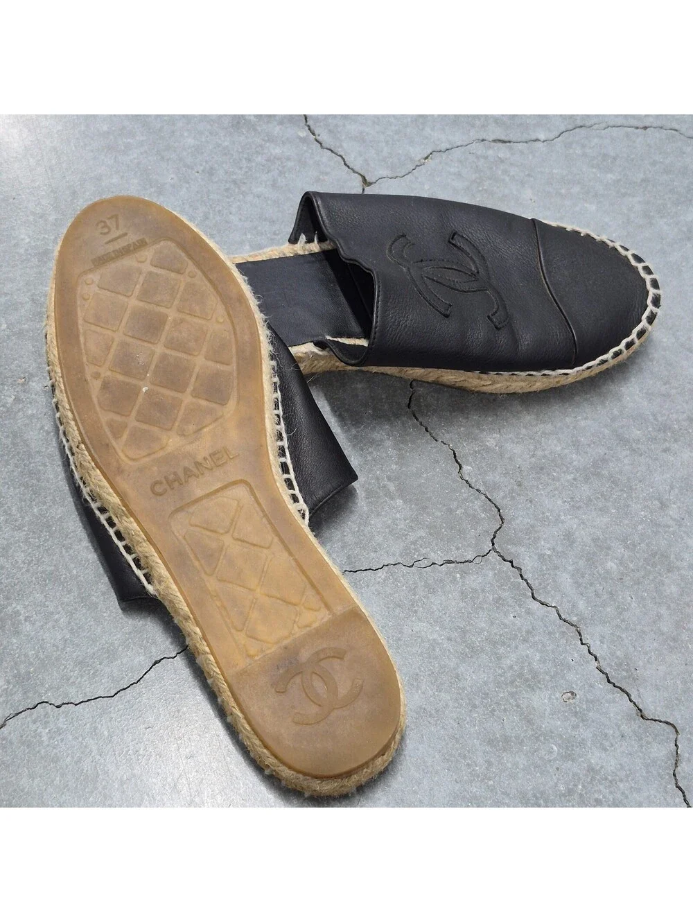 Chanel Black Leather CC Espadrille Mules Slip-Ons